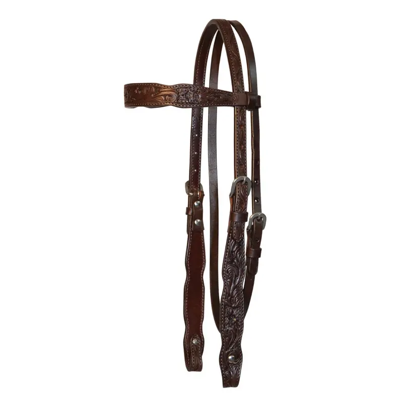 0261-1101 Circle Y Scalloped Classic Floral Leather Browband Headstall - Walnut 1