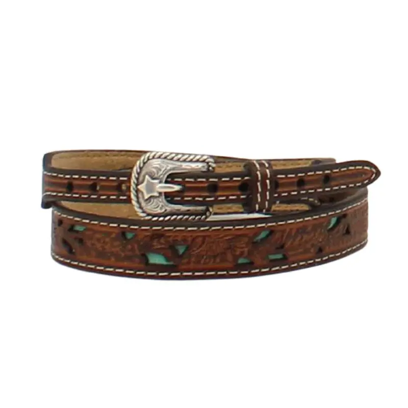 0275433 Twister Brown Floral Tooled Leather Hatband With Turquoise Inlay 1