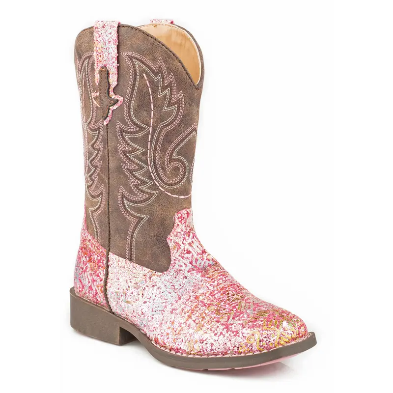 09-018-1225-2062 Roper Children's Pink Southwest Glitter Square Toe Cowboy Boots 1
