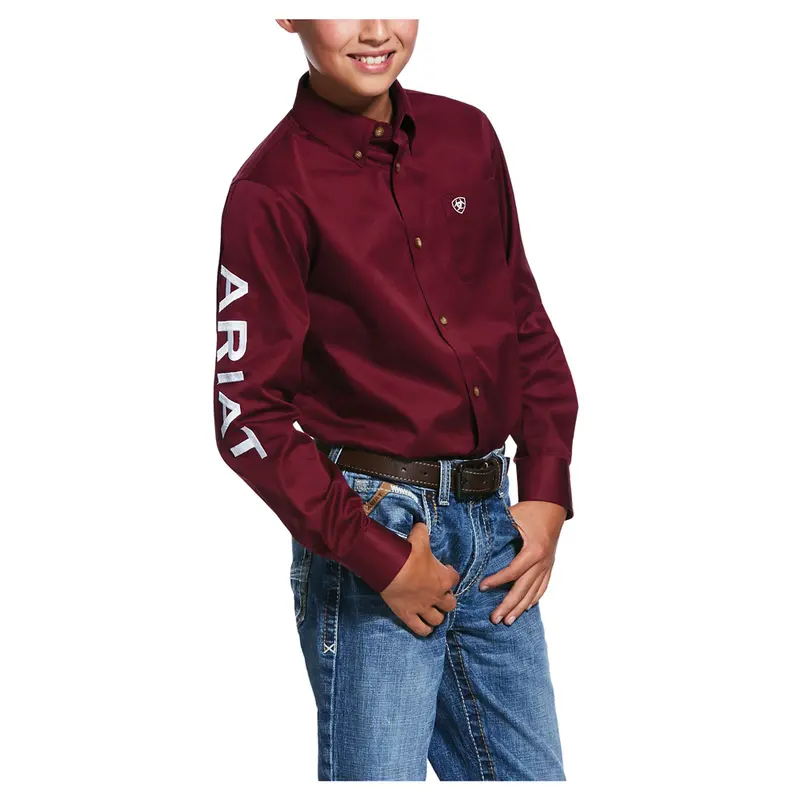 10030163 Ariat Boys Team Logo Twill Long Sleeve Shirt - Burgundy/White 1