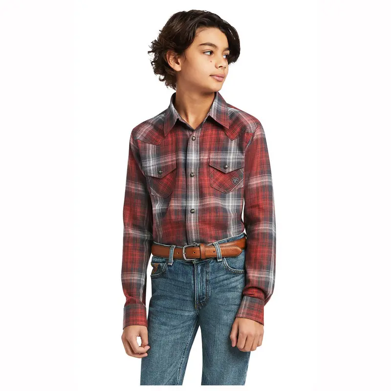10039518 Ariat Boy's Haddison Long Sleeve Retro Snap Shirt - Marsala 1