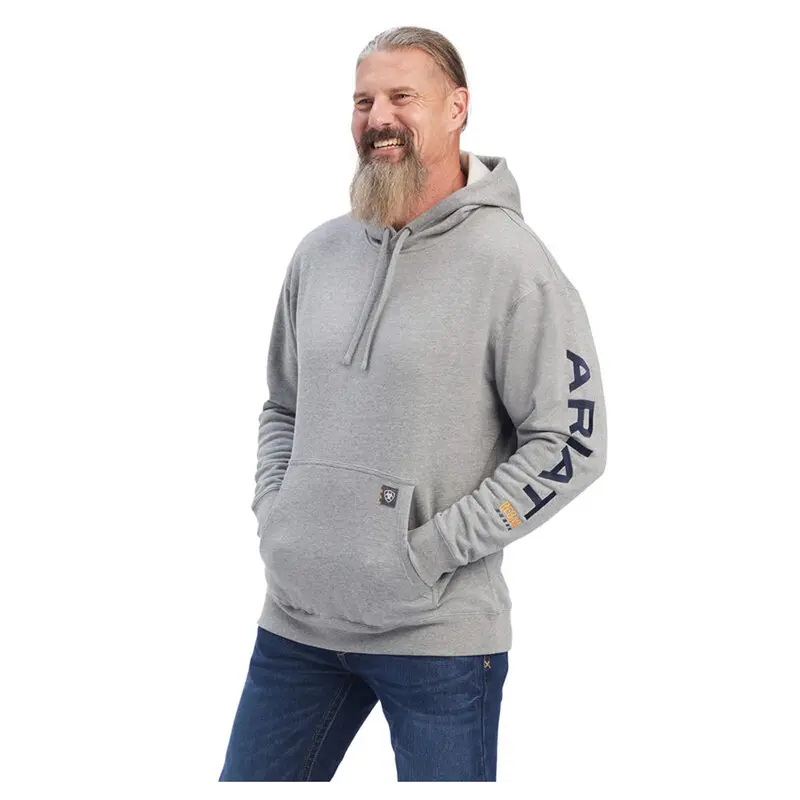 10041627 Ariat Men's Rebar Graphic Hooded Sweatshirt - Heather Grey / Ultramarine 1