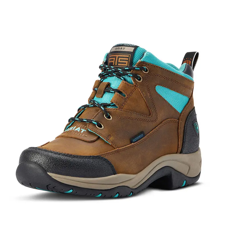10042538 Ariat Women's Terrain H2o Shoe Lace Up Boot- Weathered Brown & Turquoise 1
