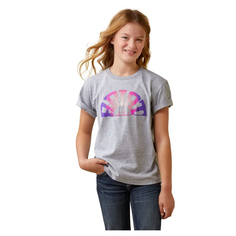 10044611 Ariat Girls' Rainbow Sunset Short Sleeve Tee - Athletic Heather Grey 1
