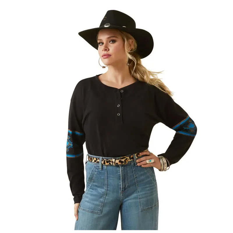 10046444 Ariat Women's Relaxed Henley Top - Washed Black 1