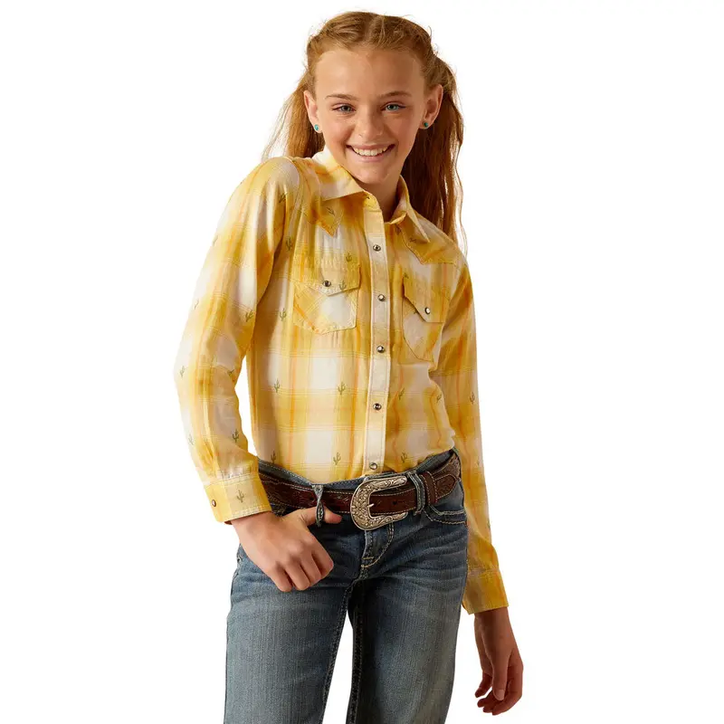 10048597 Ariat Girls' Glenrock Long Sleeve Snap Shirt - Cactus Dobby 1