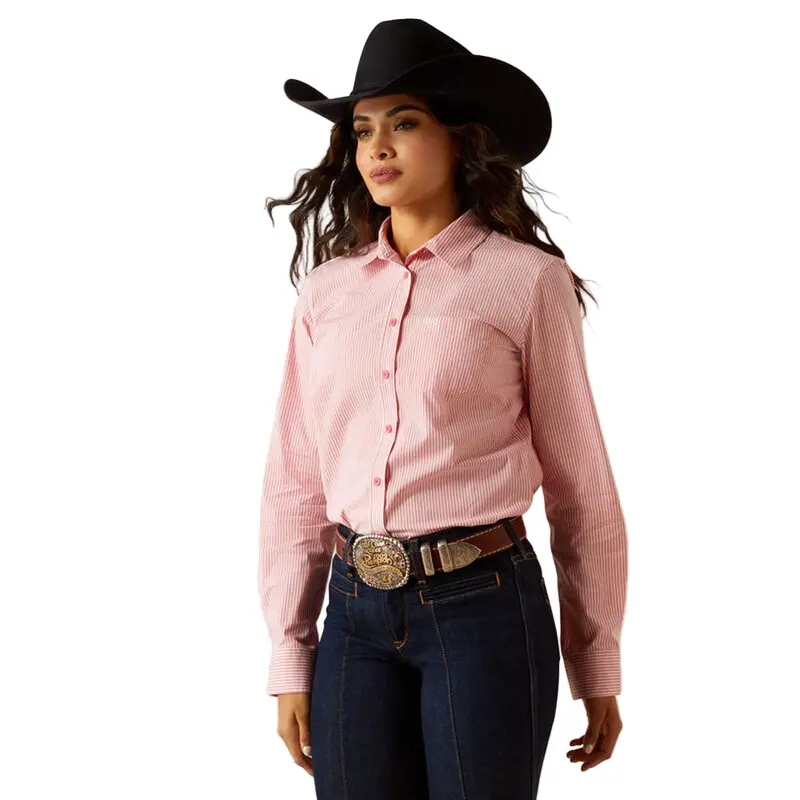 10048884 Ariat Women's Kirby Long Sleeve Stretch Shirt - Camellia Rose Stripe 1