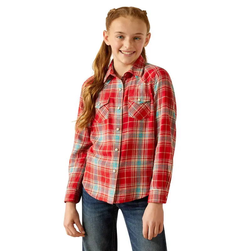 10052470 Ariat Girls' Barn Plaid Long Sleeve Western Snap Shirt - Barn Red 1