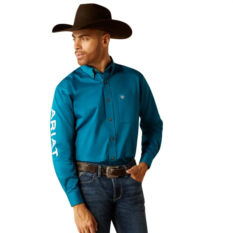 10052825 Ariat Men's Team Logo Twill Classic Fit Buttondown Shirt - Dark Teal/White 1