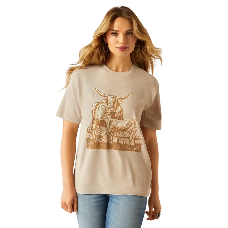 10058715 Ariat Women's Longhorn Short Sleeve T-Shirt - Oatmeal Heather 1
