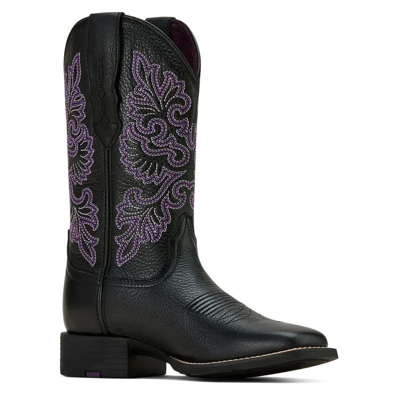 10061222 Ariat Women's Round Up Wide Square Toe Stretchfit Western Boot - Black Deertan 1