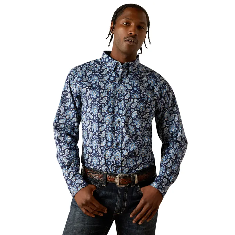 10062244 Ariat Men's Sergio Fitted Long Sleeve Button Down Western Shirt - Dark Blue Paisley 1
