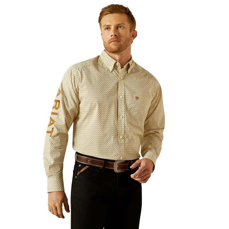 10062251 Ariat Men's Team Pierce Classic Fit Long Sleeve Button Down Shirt - Cream Print/Light Brown 1