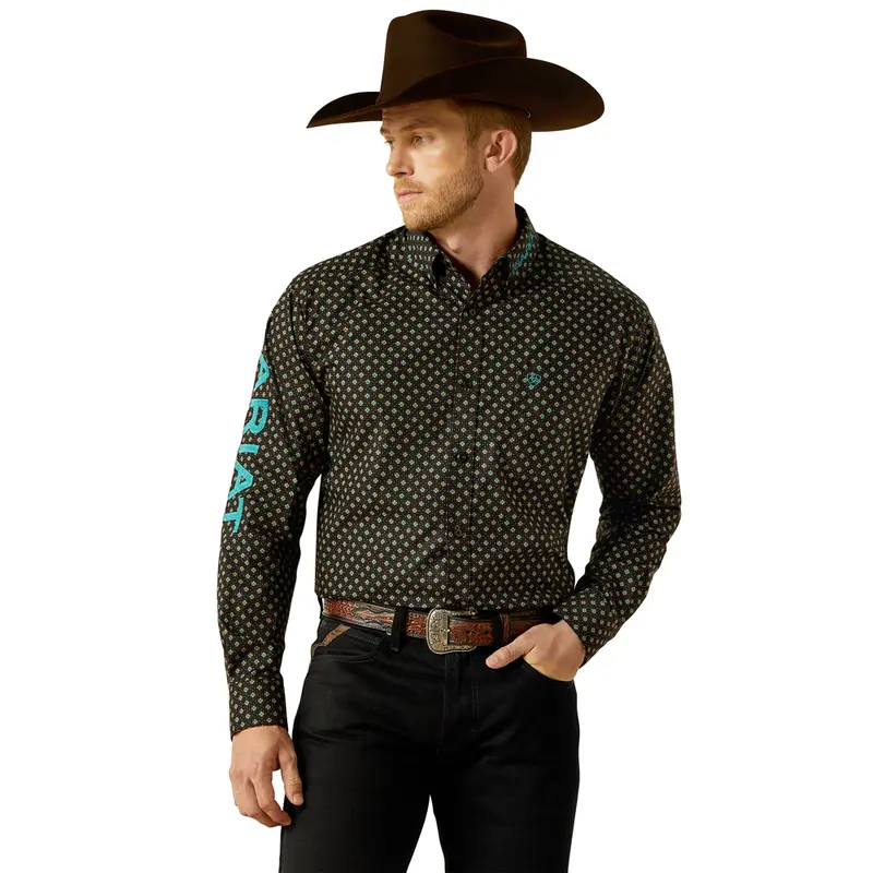 10062253 Ariat Men's Team Philbert Classic Fit Long Sleeve Button Down Shirt - Black Print/Teal 1
