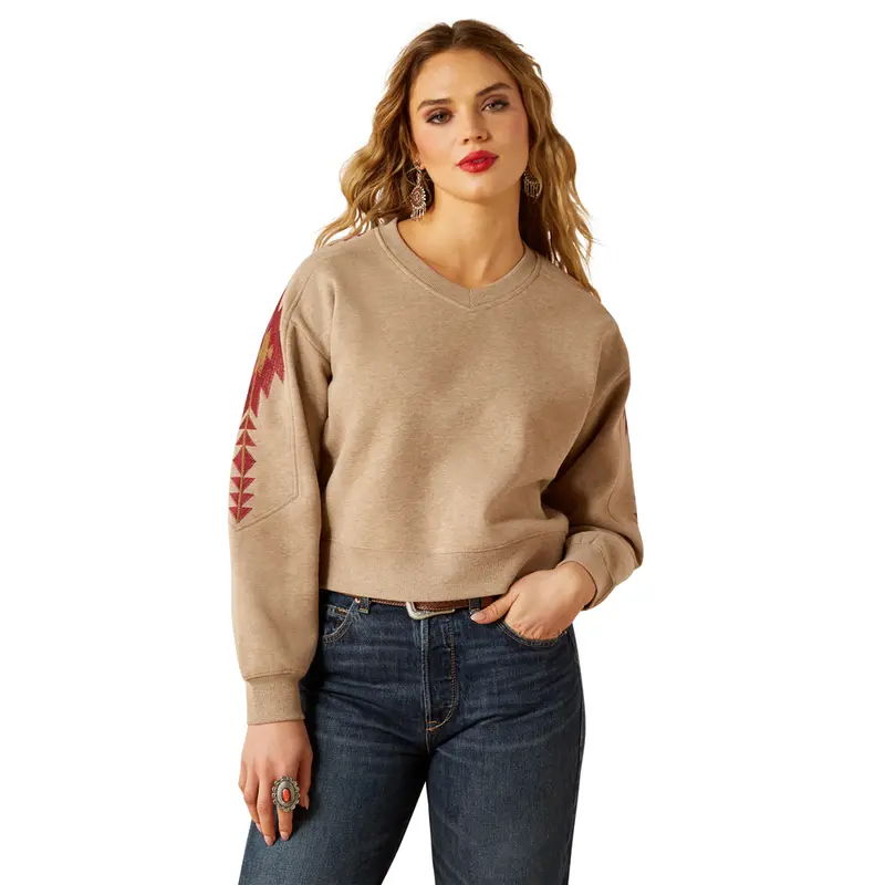10062798 Ariat Women's Tatonka Long Sleeve Embroidered Sweatshirt - Brown Heather 1