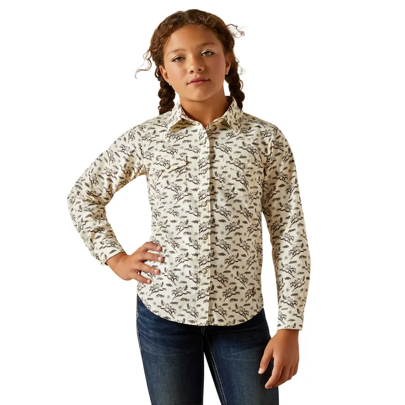 10062842 Ariat Girls' Rodeo Time Long Sleeve Western Snap Shirt - Bucking Horse Print 1
