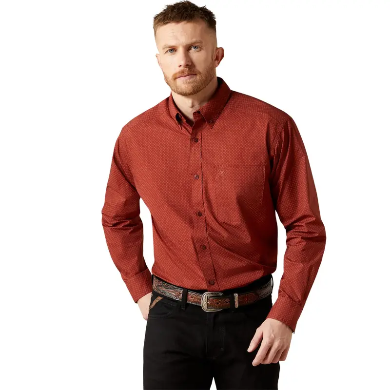 10065792 Ariat Men's Wren Long Sleeve Classic Fit Button Down Shirt - Dark Red 1
