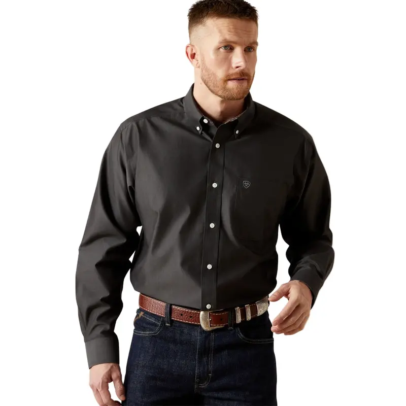 10065843 Ariat Men's Wrinkle Free Solid Pinpoint Oxford Classic Fit Long Sleeve Shirt - Black 1