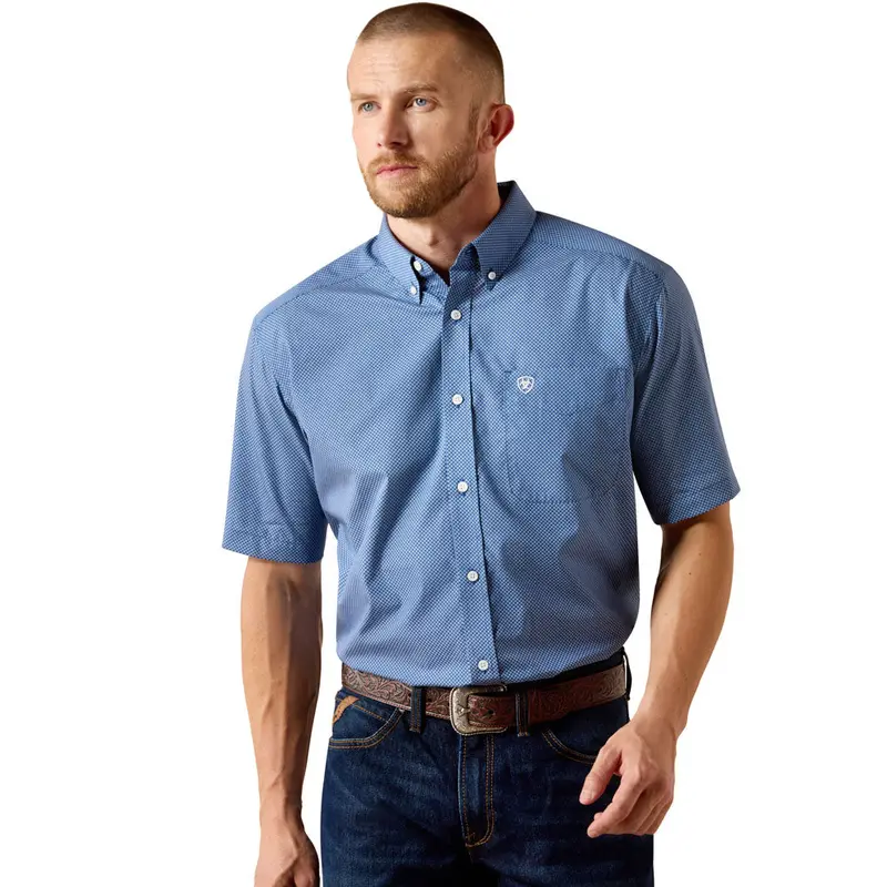 10071017 Ariat Men's Wrinkle Free Case Classic Fit Short Sleeve Buttondown Shirt - Ensign Blue Geo Print 1