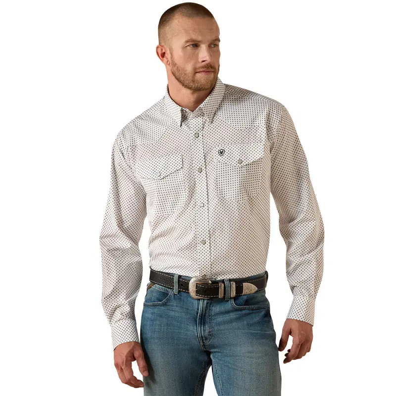10071021 Ariat Men's Wrinkle Free Anthony Classic Fit Snap Shirt - White Medallion Print 1