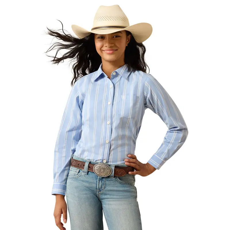 10071277 Ariat Girls' Kirby Long Sleeve Button Up Shirt - Ashleigh Blue Stripe 1