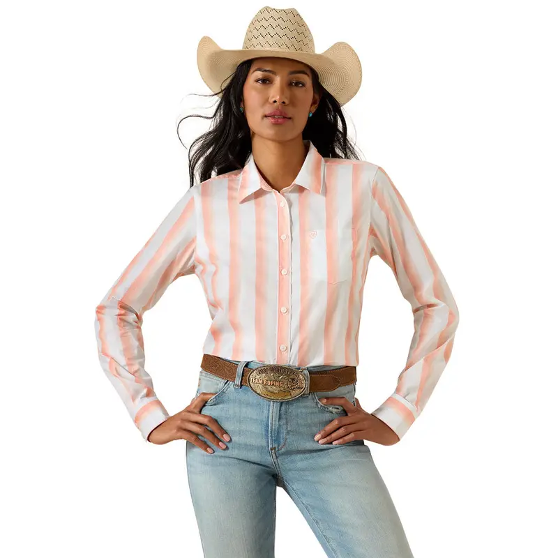 10071414 Ariat Women's Kirby Stretch Long Sleeve Shirt - Peach Amber Stripe 1