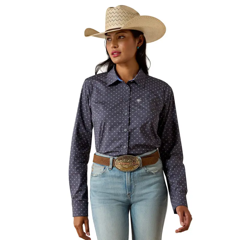 10071416 Ariat Women's Kirby Stretch Long Sleeve Shirt - Ombre Blue Horseshoe 1