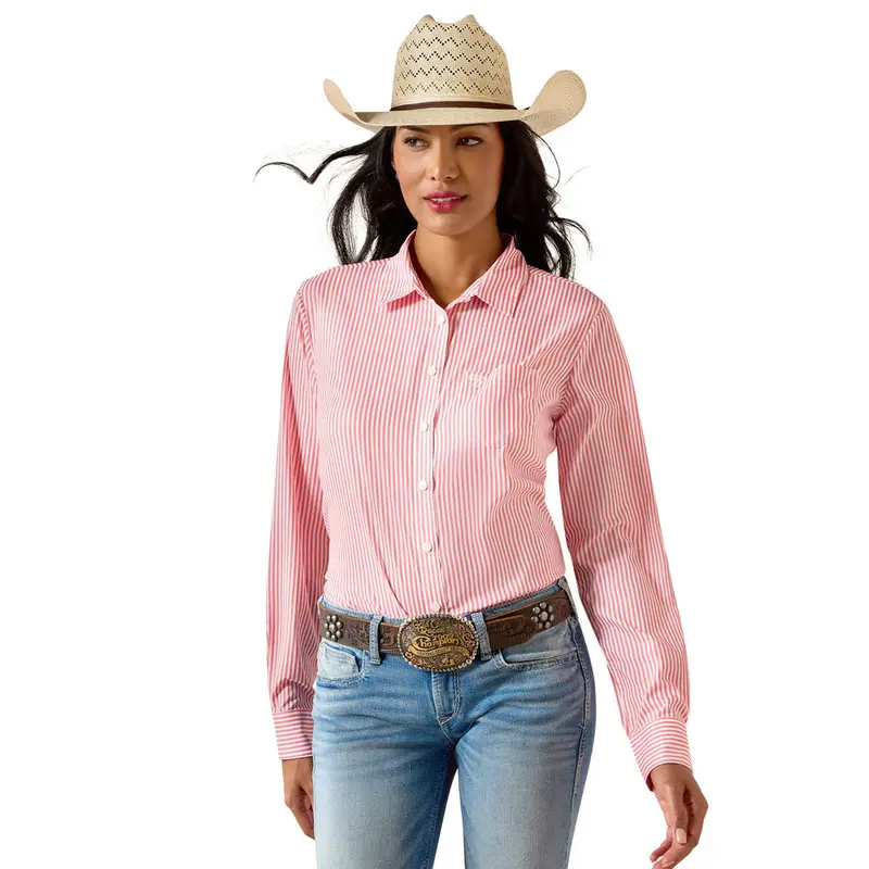 10071468 Ariat Women's Kirby Pro Long Sleeve Button Up Shirt - Sun Kissed Coral Stripe 1