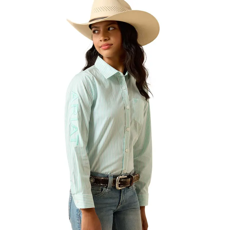 10071512 Ariat Girls' Team Kirby Long Sleeve Button Up Shirt - Holiday Stripe 1