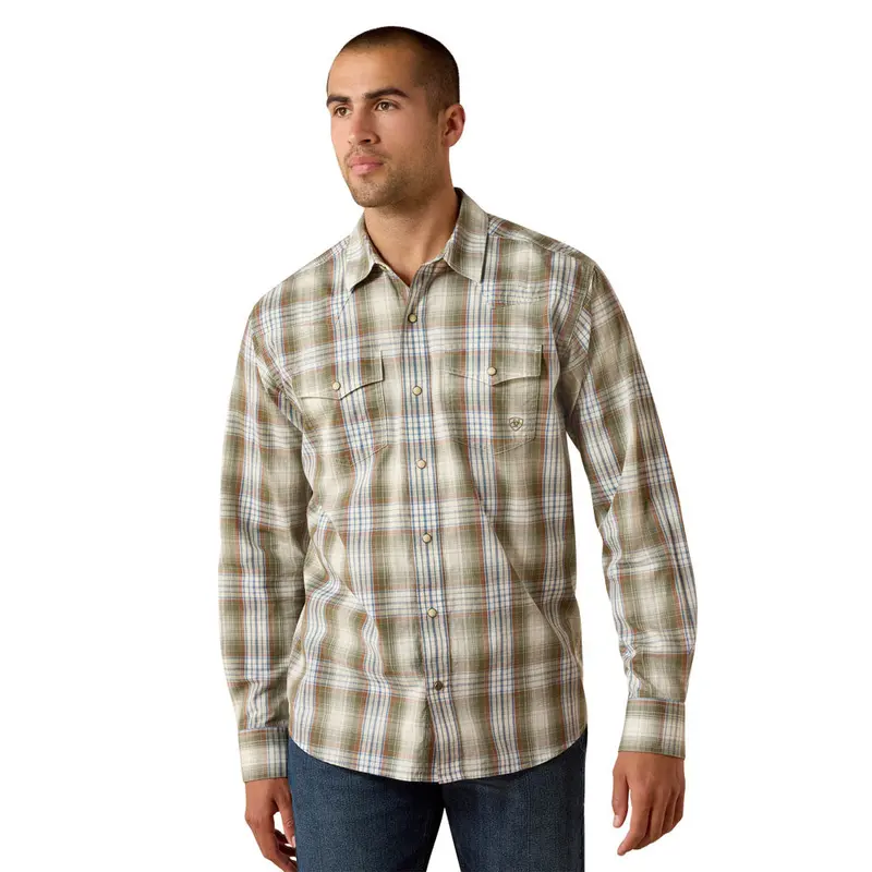 10071643 Ariat Men's Retro Holt Fitted Long Sleeve Snap Shirt - Four Leaf Clover Plaid 1