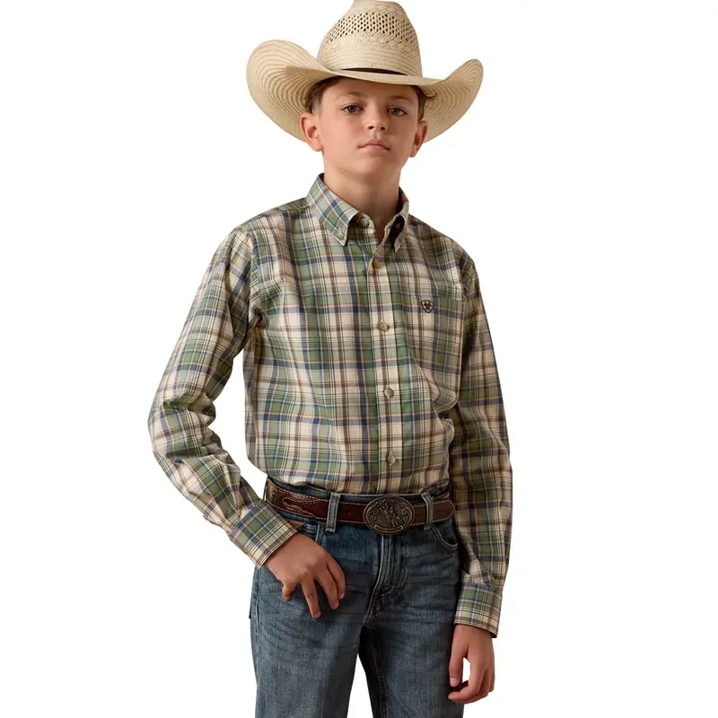 10073634 Ariat Boys' Pro Series Sebastian Shirt - Bronze Green Plaid 1