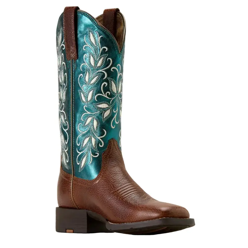 10074373 Ariat Women's Round Up Holly Wide Square Toe Western Boot - Beasty Brown / Metallic Sea 1