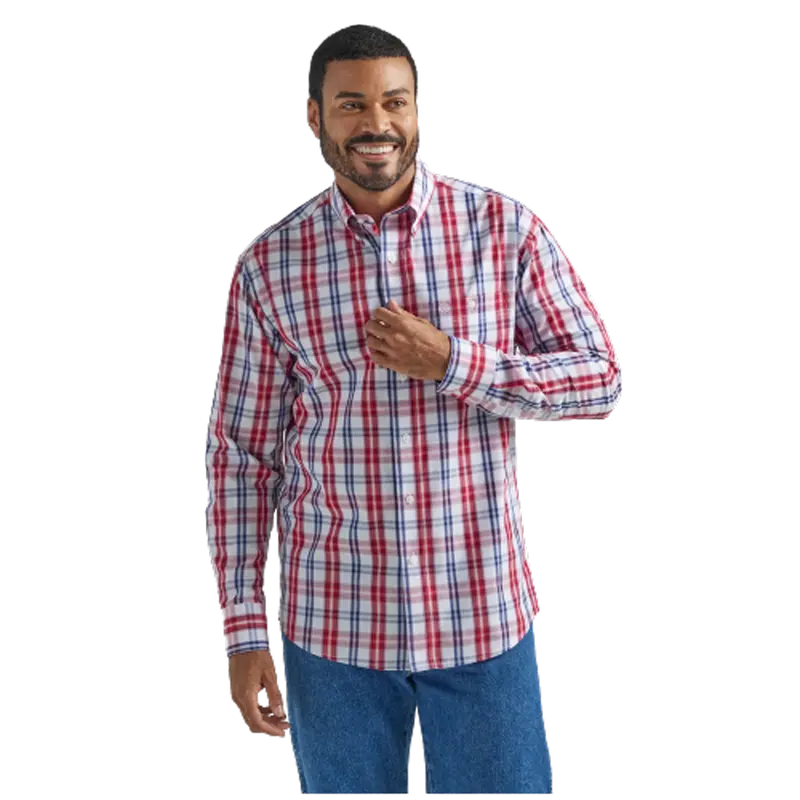 112324792 Wrangler Men's Relaxed Fit Button Down Long Sleeve Shirt- Blue Red Plaid 1