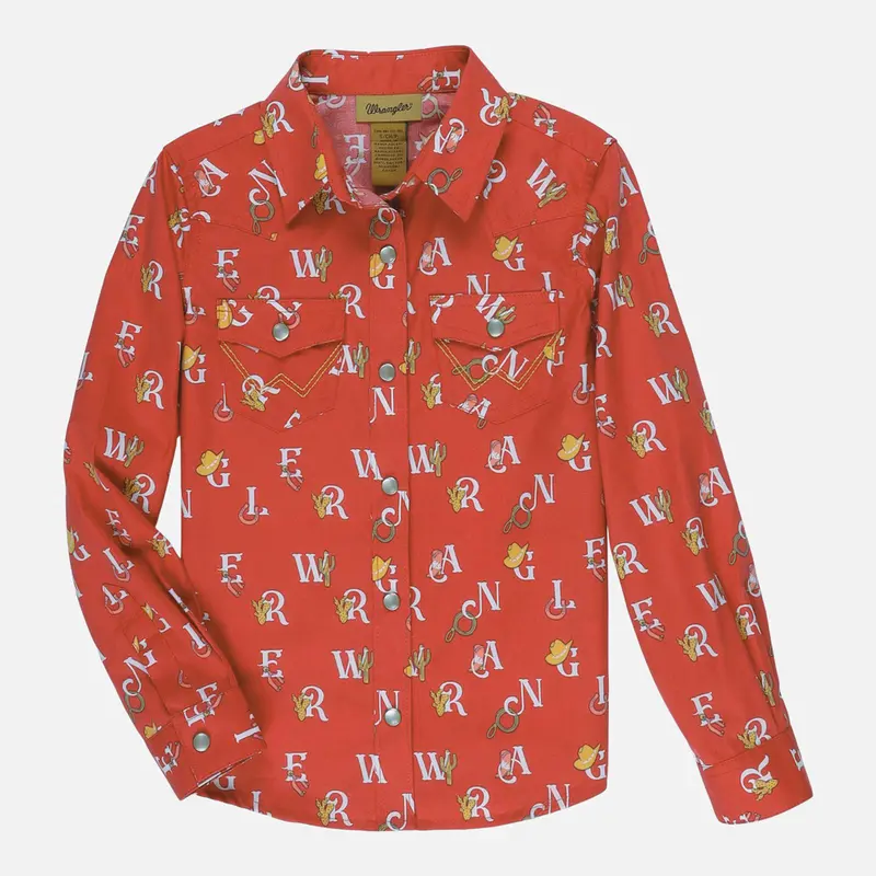 112329194 Wrangler Girls' Long Sleeve Western Snap Shirt - Red 1
