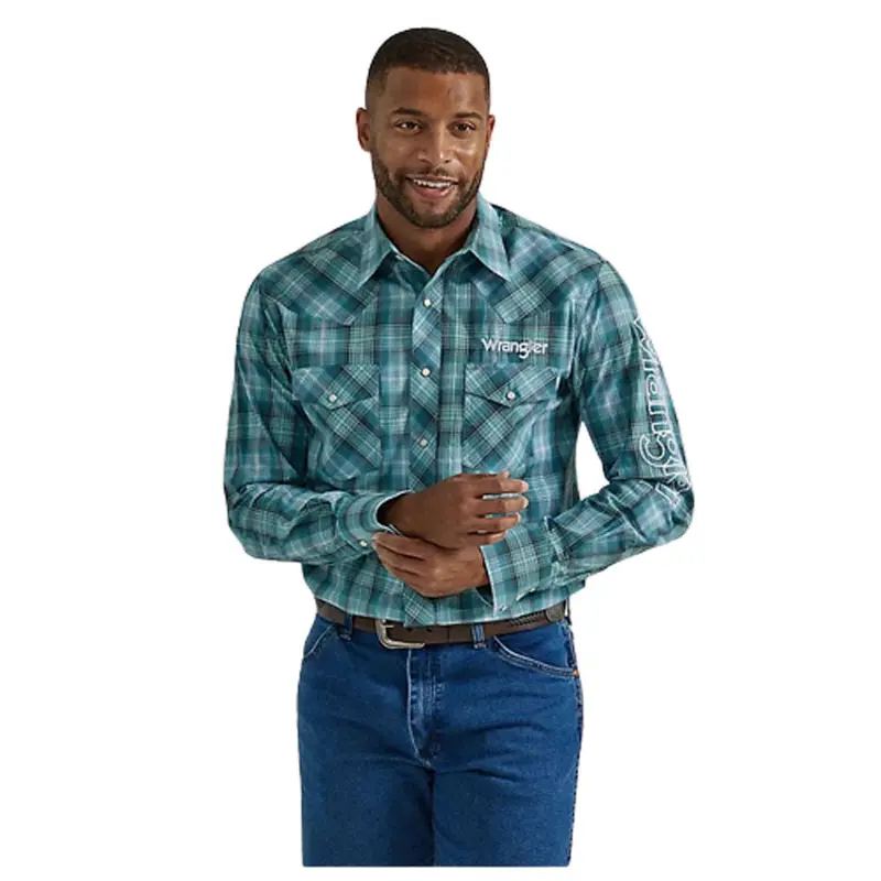 112330339 Wrangler Men's Long Sleeve Logo Western Snap Shirt - Turquoise 1