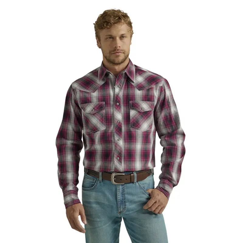 112330518 Wrangler Men's 20X Competition Advanced Comfort Classic Fit Long Sleeve Shirt - Purple/Grey 1