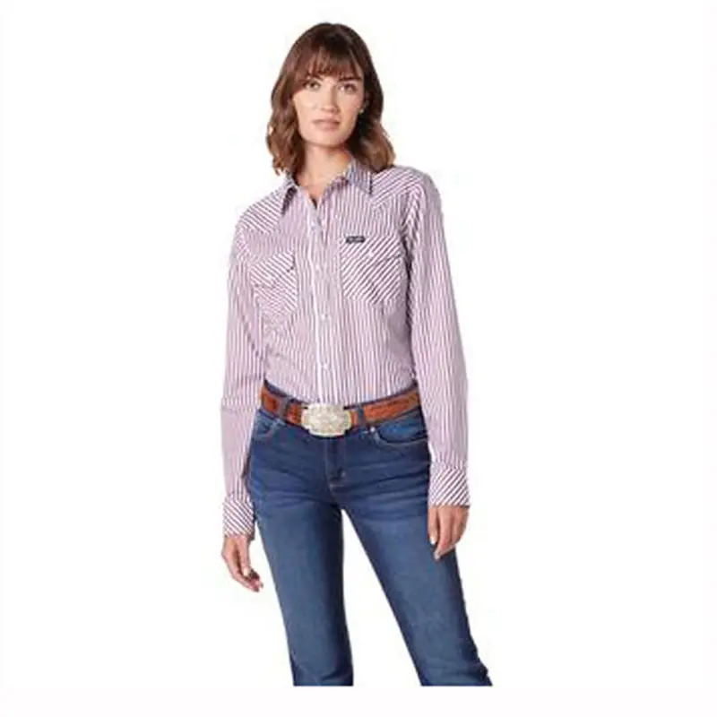 112336526 Wrangler Women's Retro Long Sleeve Shirt - White Red Stripe 1
