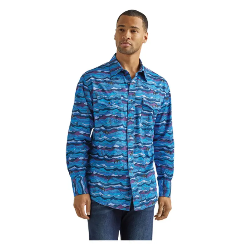112338178 Wrangler Men's Coconut Cowboy Classic Fit Long Sleeve Snap Shirt - Blue 1