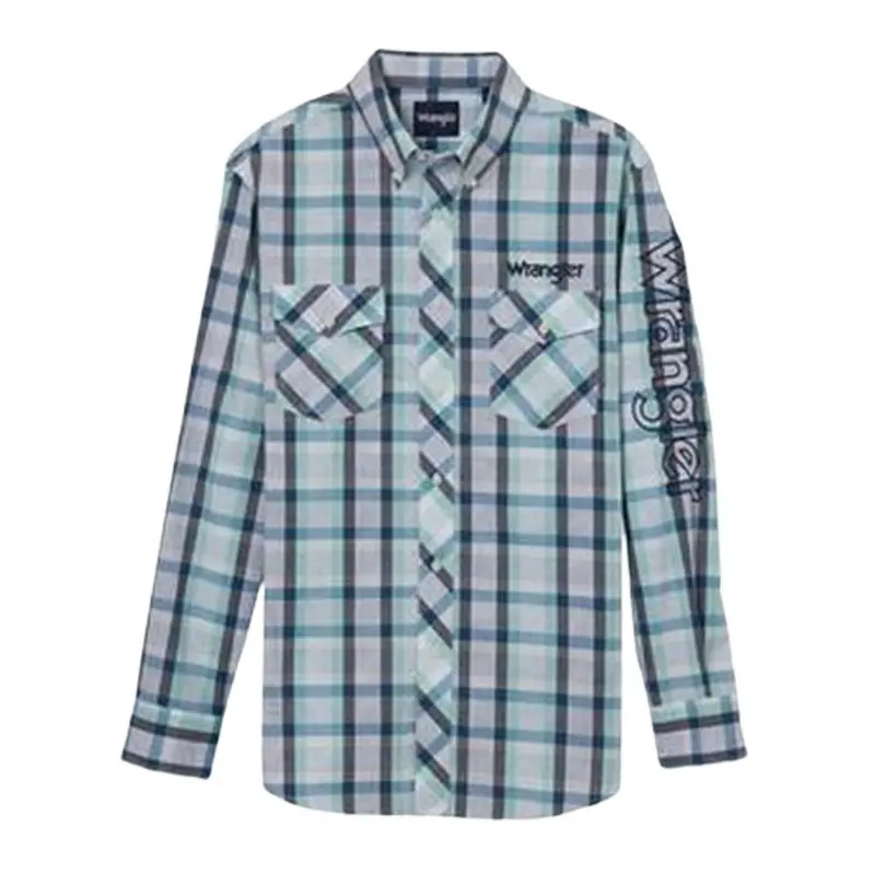 112344431 Wrangler Men's Logo Long Sleeve Western Snap Shirt - Teal 1