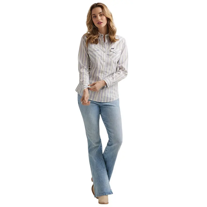 112345406 Wrangler Women's Retro Long Sleeve Dress Top - Blue & White 1