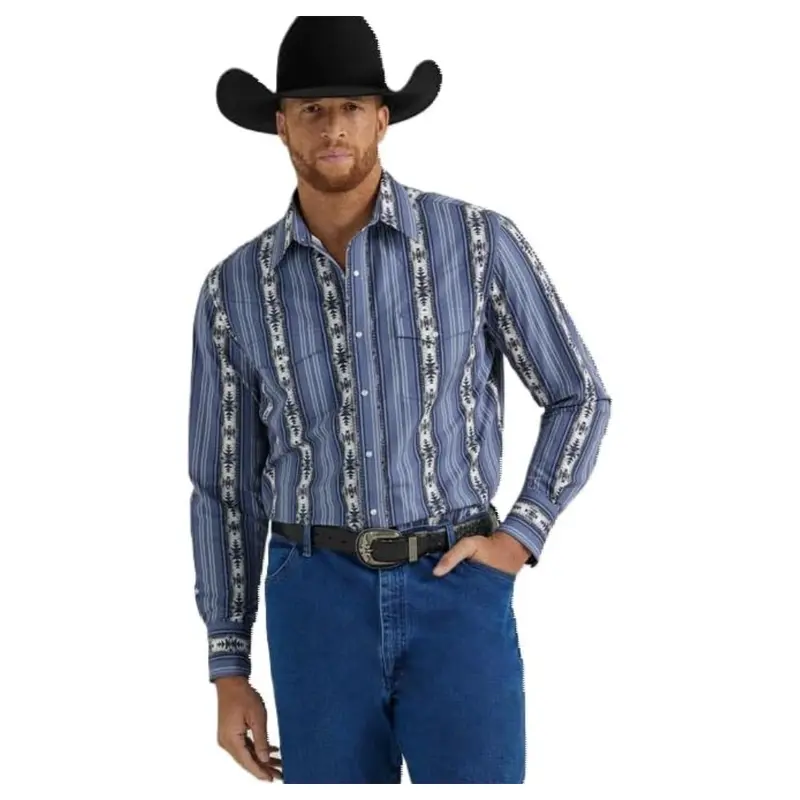 112346070 Wrangler Men's Checotah Dress Western Long Sleeve Shirt - Navy Print 1