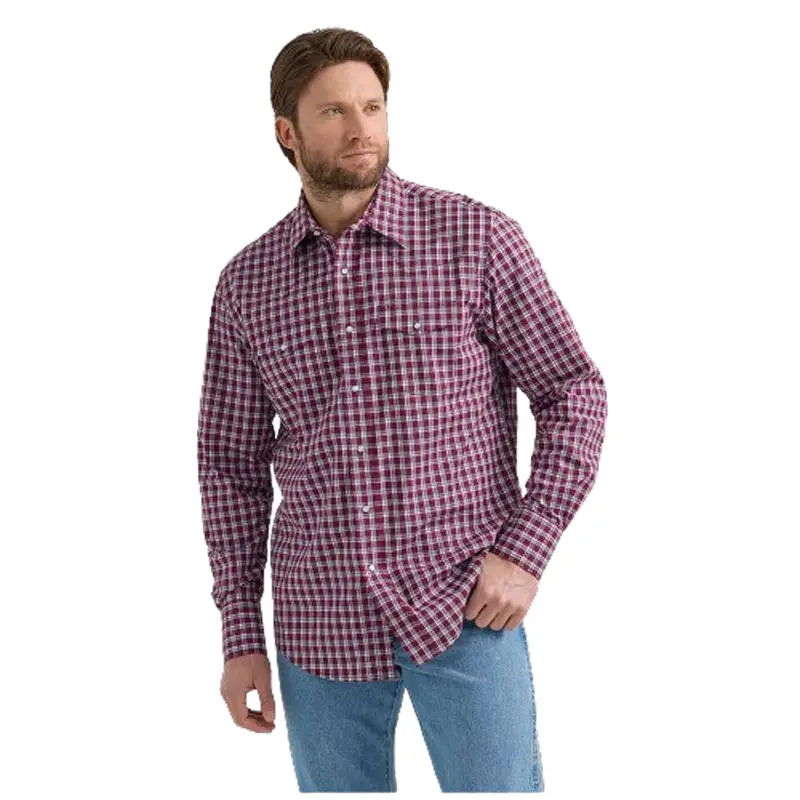 112351596 Wrangler Men's Wrinkle Resist Long Sleeve Western Snap Shirt - Deep Red 1