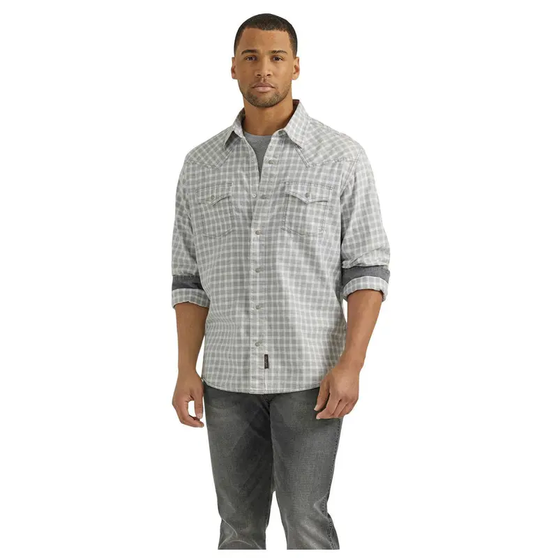 112352853 Wrangler Men's Retro Premium Long Sleeve Snap Shirt - Pale Grey 1