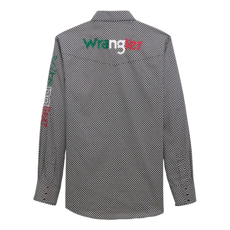 112355381 Wrangler Men's Mexico  Logo Long Sleeve Western Snap Shirt - Black & White 1