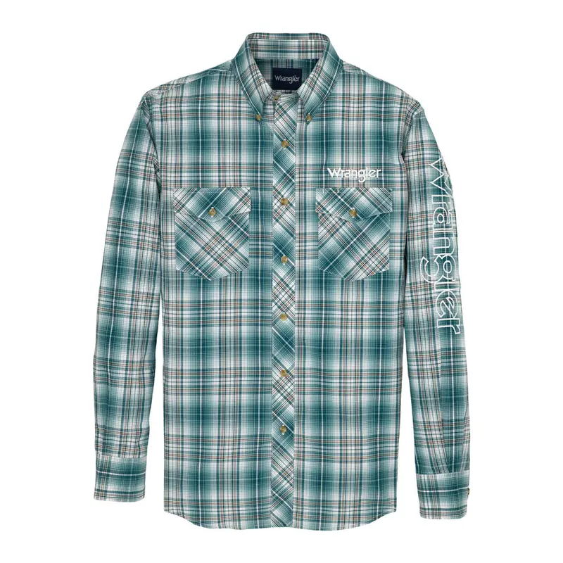 112359469 Wrangler Men's Logo Long Sleeve Classic Fit Button Shirt - Green 1