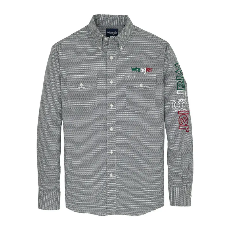 112359483 Wrangler Men's Mexico Logo Long Sleeve Classic Fit Button Shirt -  Grey 1