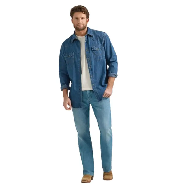 112361701 Wrangler Men's Denim Long Sleeve Shirt - Mid Wash 1