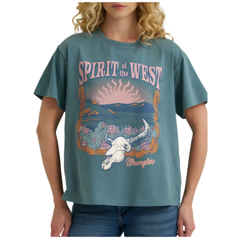 112366395 Wrangler Women's Girlfriend Fit Short Sleeve T-Shirt - Gobin Blue 1
