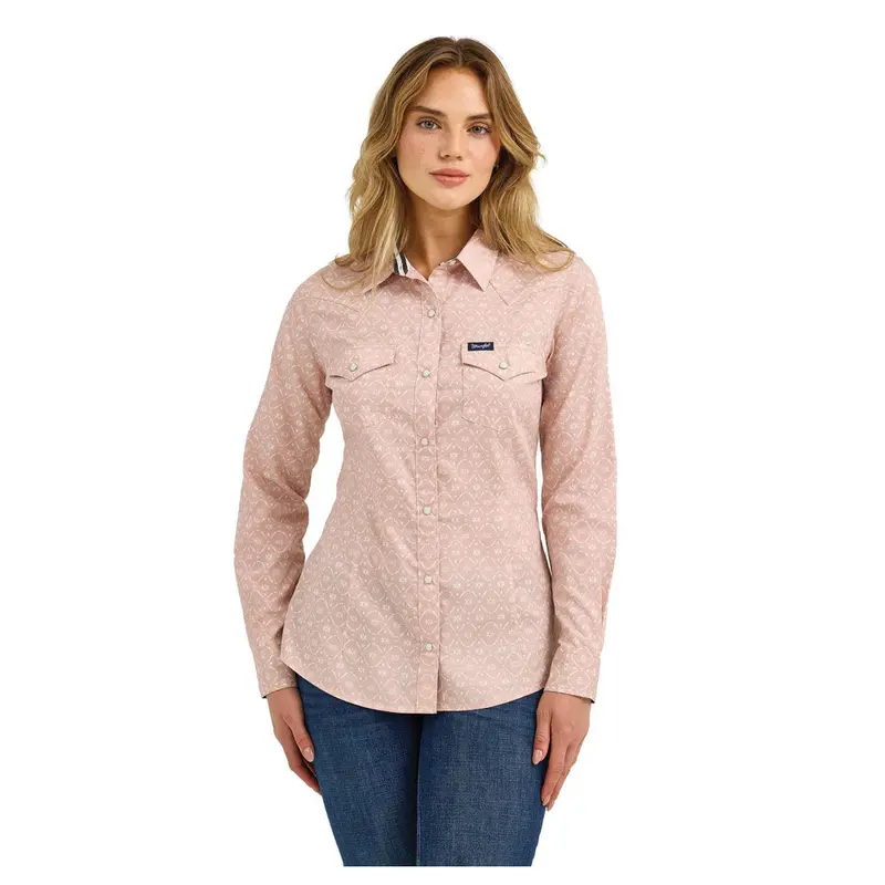 112367230 Wrangler Women's Retro Western Long Sleeve Dress Snap Shirt - Pink 1