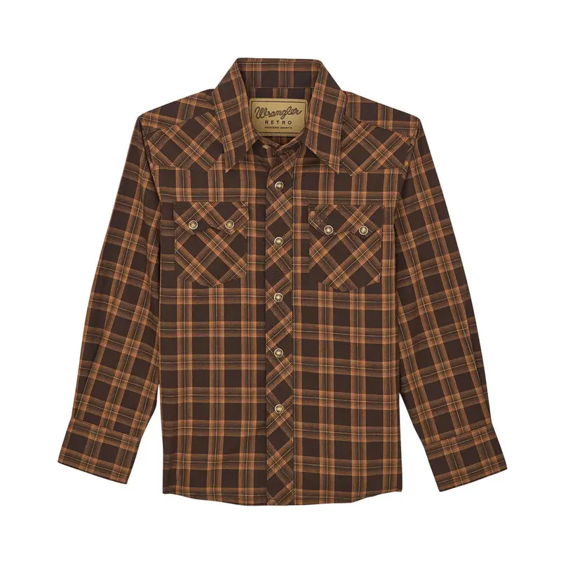112368081 Wrangler Boys' Retro Long Sleeve Snap Shirt - Brown 1